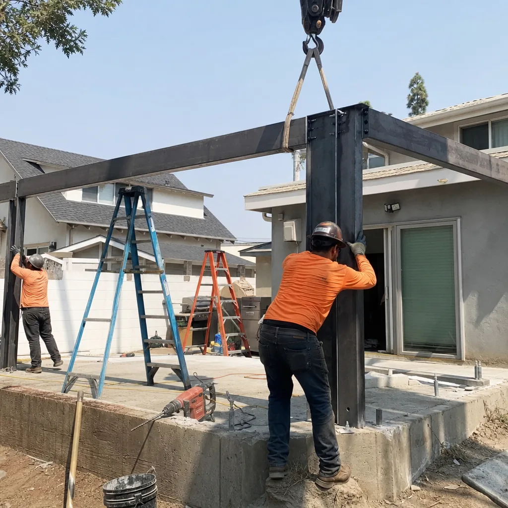 Construction workers installing structural steel beams for an ADU build project