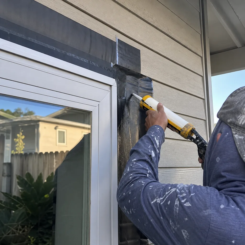 contractor applying sealant to window flashing during home renovation