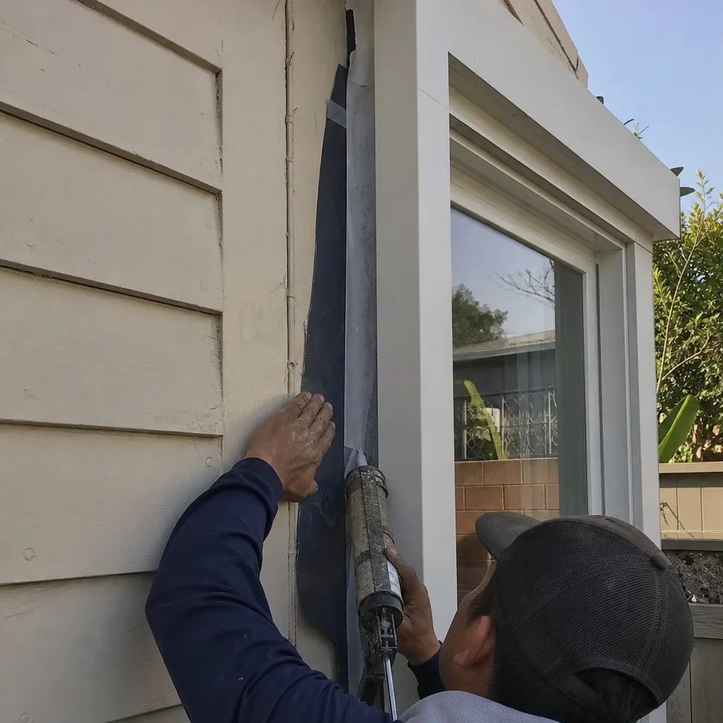 Home addition contractor applying sealant to window flashing during exterior construction.