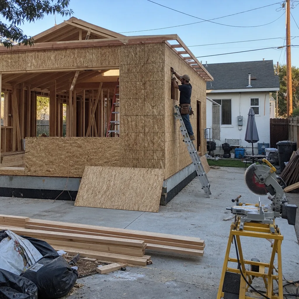 Contractor installing plywood wall sheathing on a residential room addition project