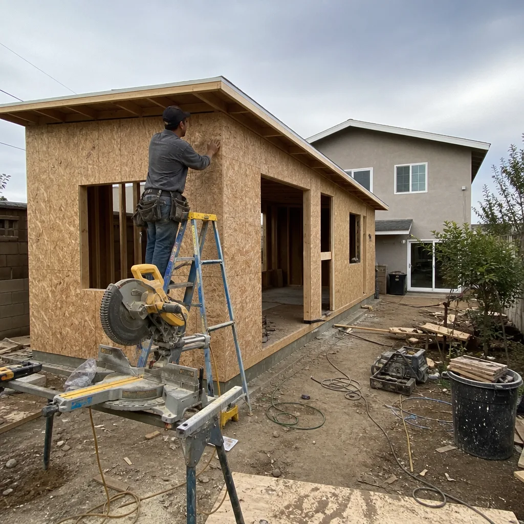 Contractor installing plywood wall sheathing on a new home room addition