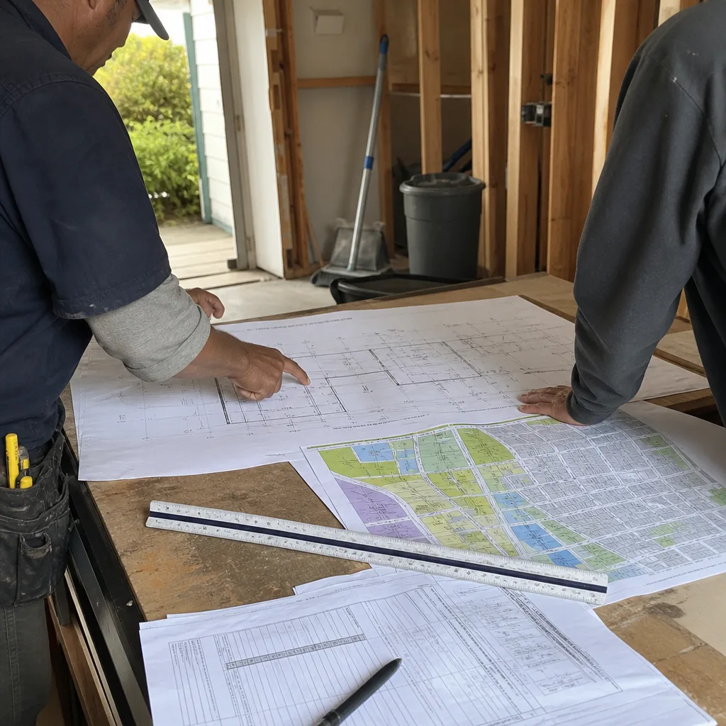 Contractors reviewing construction blueprints and site maps on a job site.