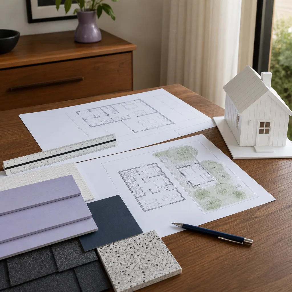 ADU plans, samples and a small model on a desk